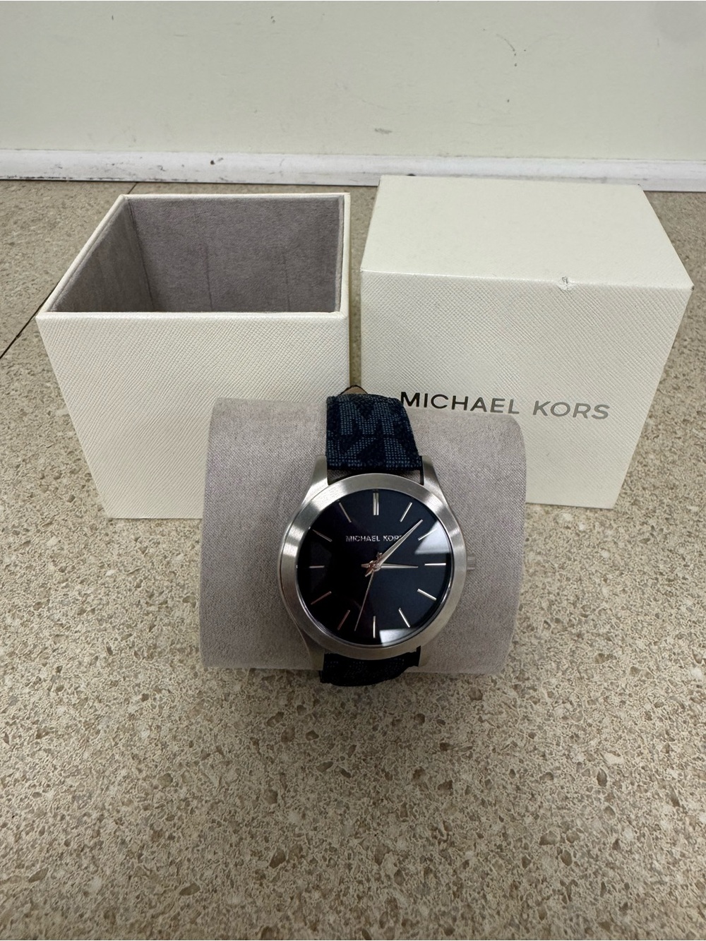 Michael Kors Black Dial Watch with Navy MK Strap